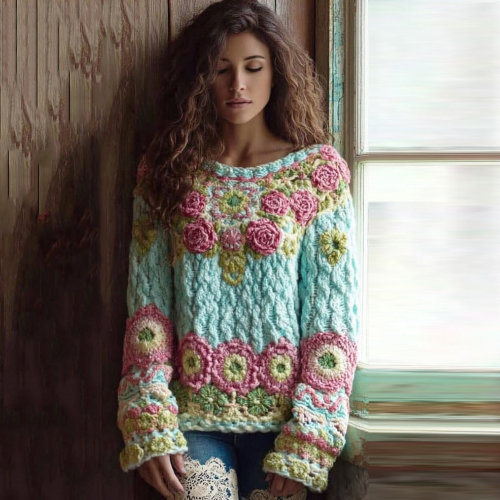 Women's Boho Chunky Knit Crochet Floral Crew Neck Sweater elevenforest