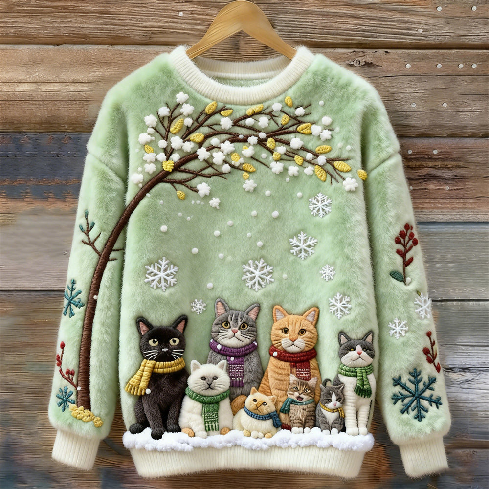 Comstylish Christmas Cats Embroidery Women's Cozy Plush Sweater