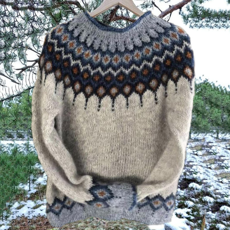 Unisex Vintage Icelandic Blue Knit Jacquard Warmth Crew Neck Sweater elevenforest