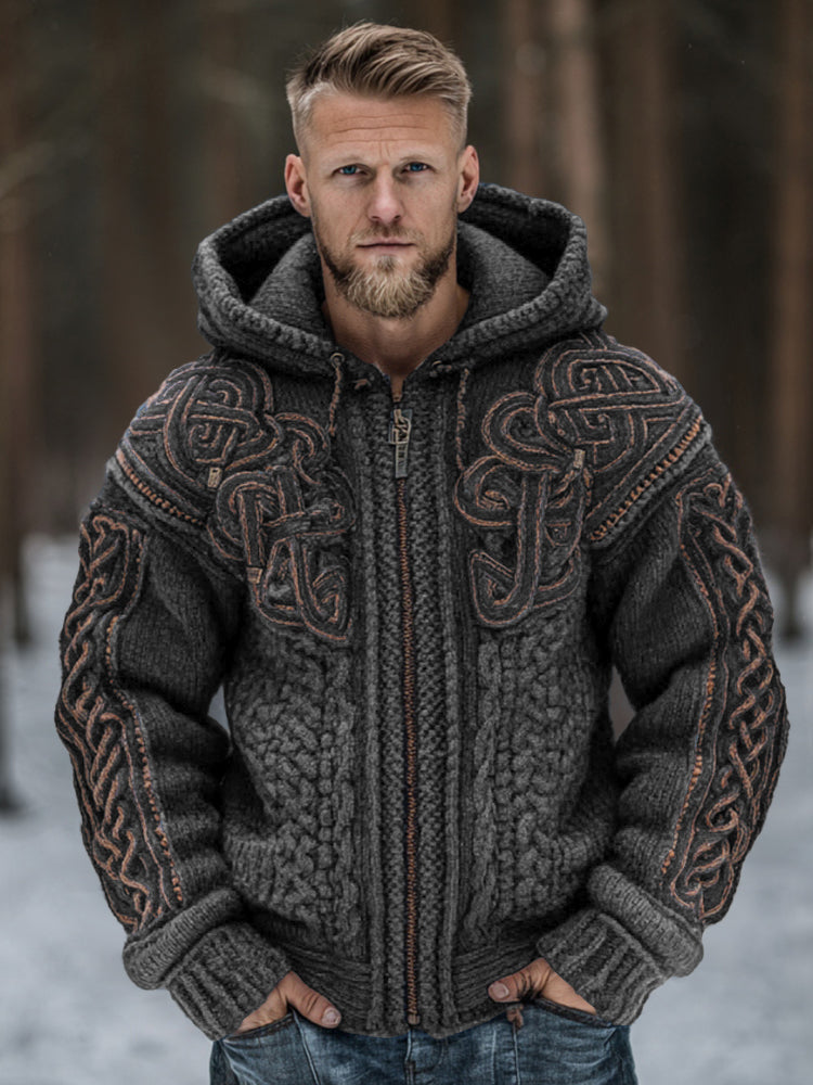 Men's Vintage Viking Celtic Knot Art Chunky Knit Hooded Zip-up Sweater artswardrobe