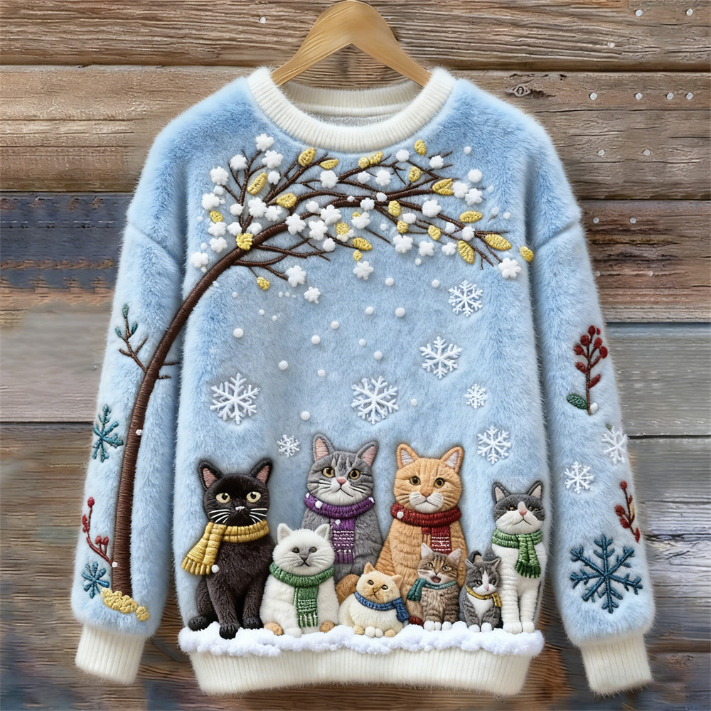 Comstylish Christmas Cats Embroidery Women's Cozy Plush Sweater