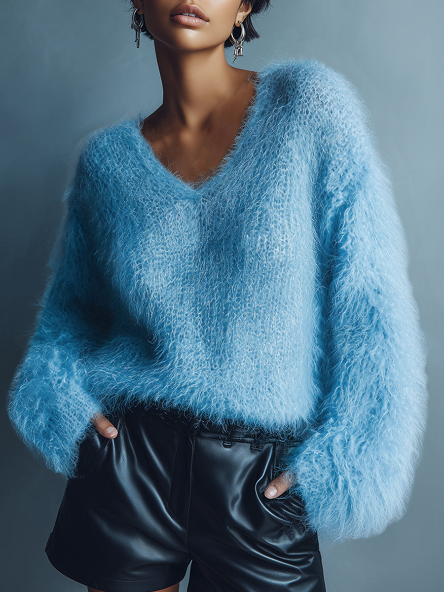 Casual Loose Light Blue V-neck Long Wool Knitted Sweater