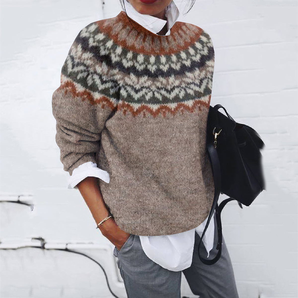 Vintage Fairman Island Print Crew Neck Sweater elevenforest