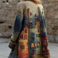 Street Buildings Colorblock Crochet Gradient Cozy Cardigan artswardrobe