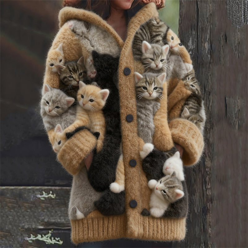 Comstylish Lovely Crowded Cats Felt Art Cozy Hooded Cardigan