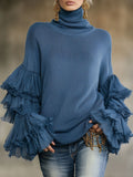 Turtleneck Ruffle Sleeve Knit Pullover Sweater