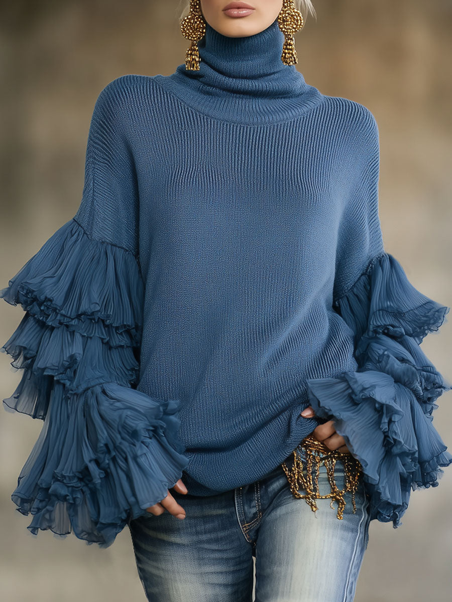Turtleneck Ruffle Sleeve Knit Pullover Sweater
