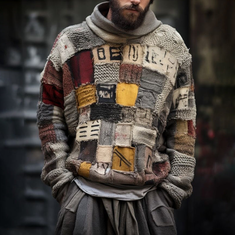 Men'S Retro Geometric Patchwork Art Cozy Knit Hooded Sweater elevenforest